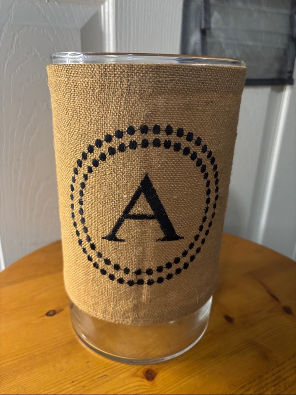 Monogram Burlap Accent Vase Cover in Tan with Black Letter A
